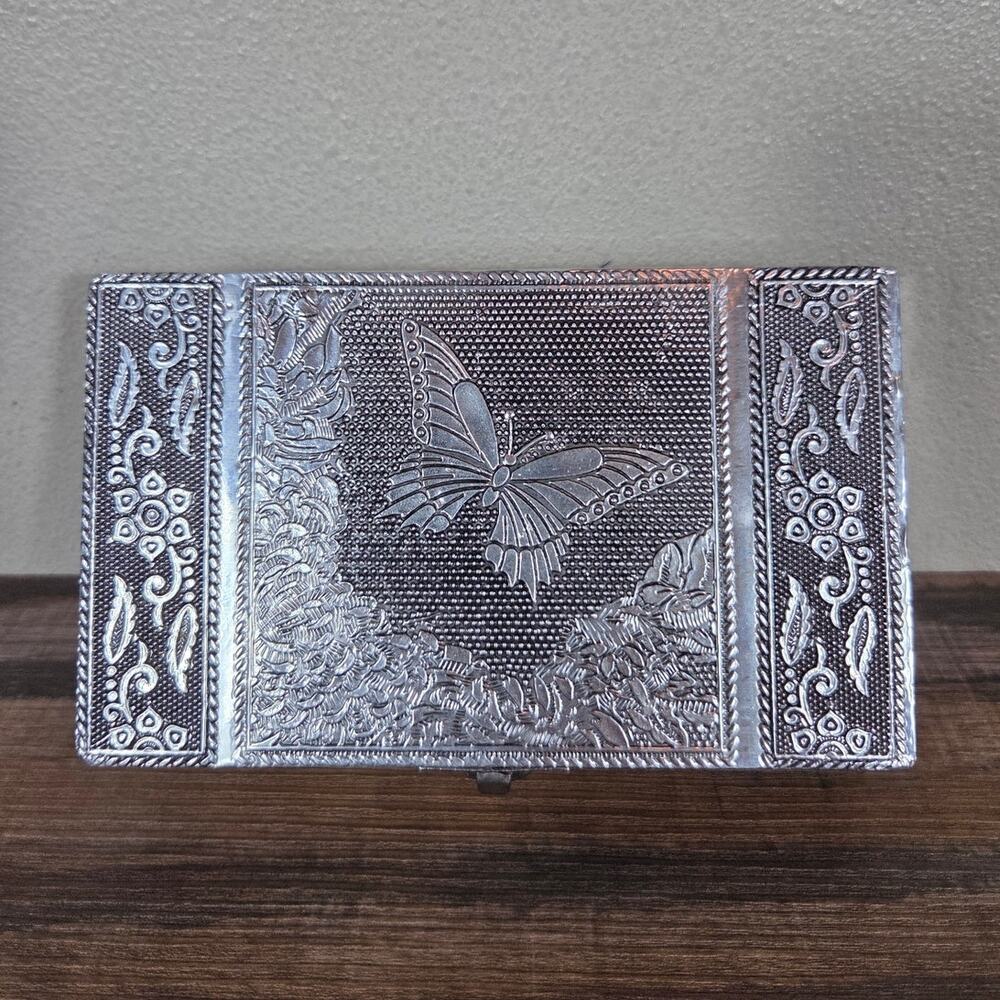 Silver Plated Butterfly Floral Design Jewelry Box with Purple Velvet Lining